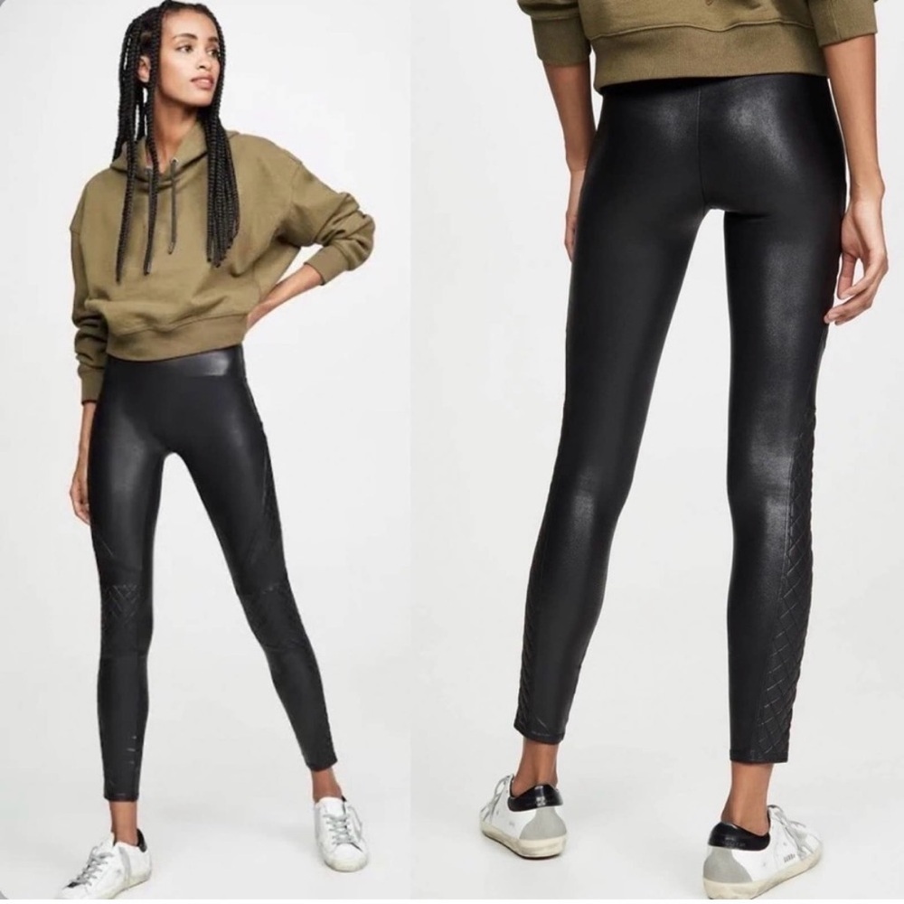 Spanx Faux Leather Quilted Moto Leggings in Very Black Petite Medium